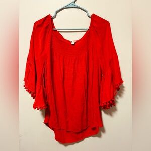 Cato Red Blouse with Pom-Pom Sleeves